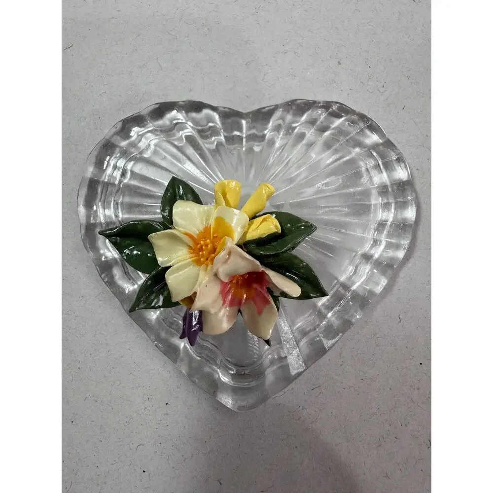 Vintage World Showcase Glass Heart Covered Box Floral Porcelain Top